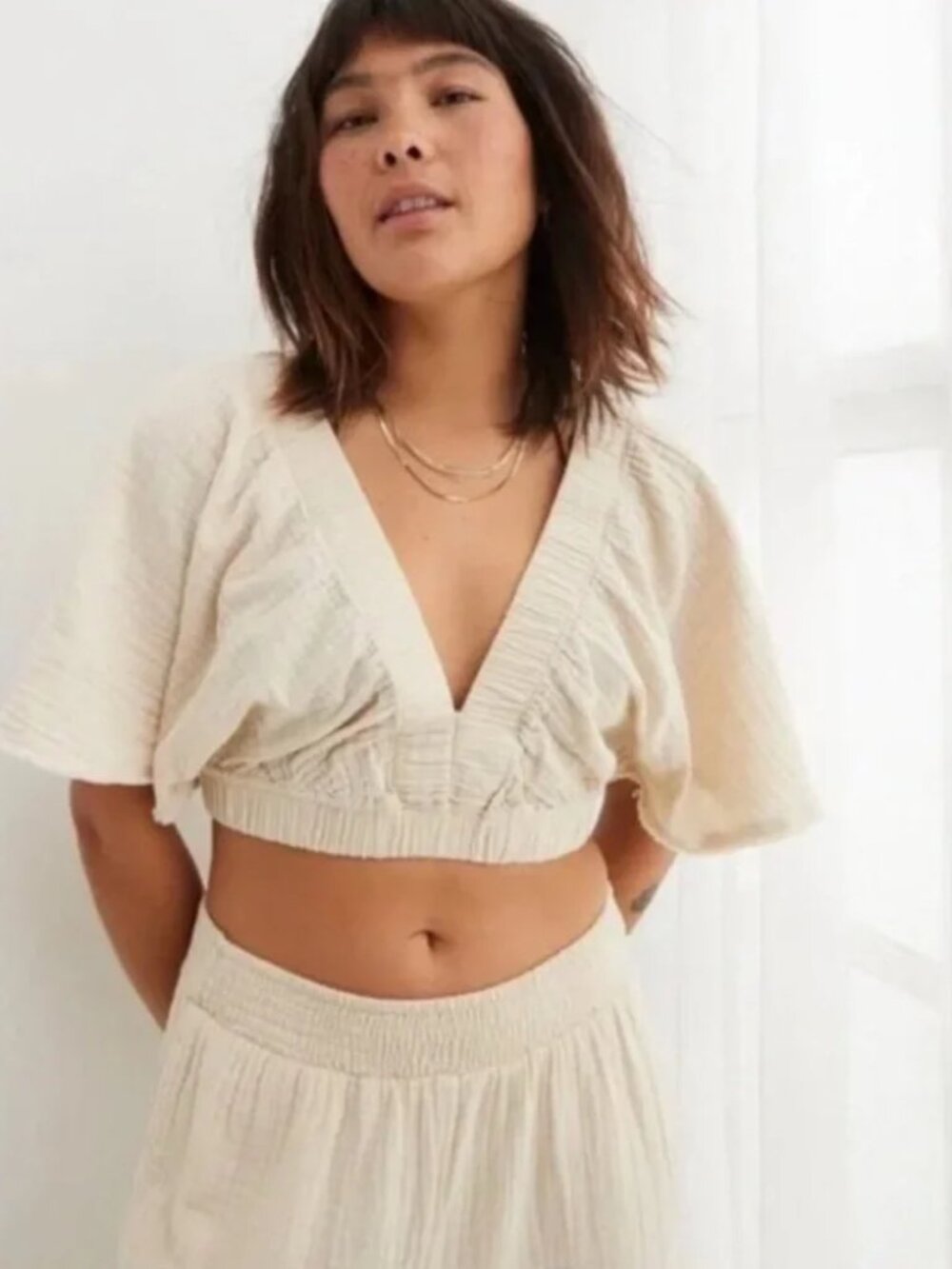 AERIE Shorts Set Cream M Flutter Sleeve Cropped Top High-Rise Shorts Crinkle